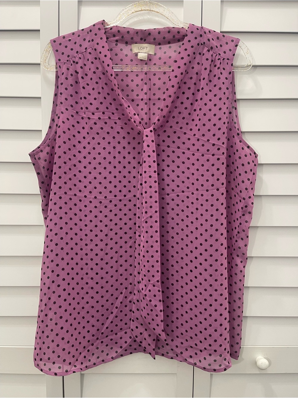 LOFT Sleeveless Black Polka Dot Tie-Neck Top in Purple size L